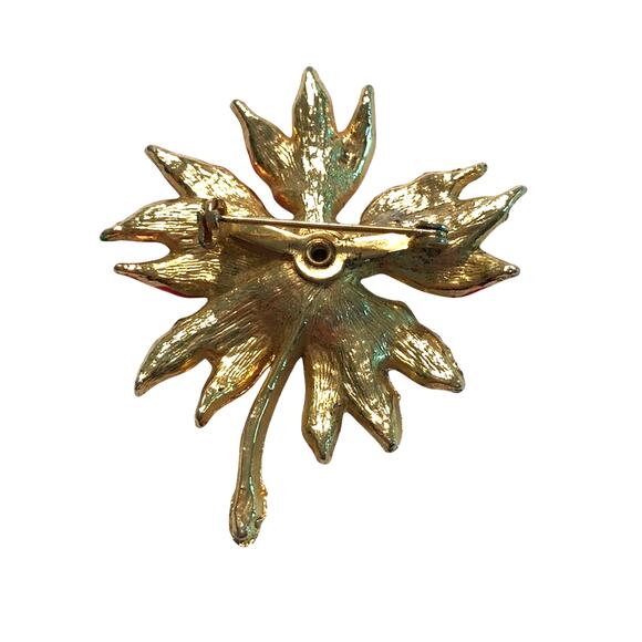 Vintage Christmas Brooch goldtone pin festive red poinsettia & green rhinestone - Picture 4 of 5